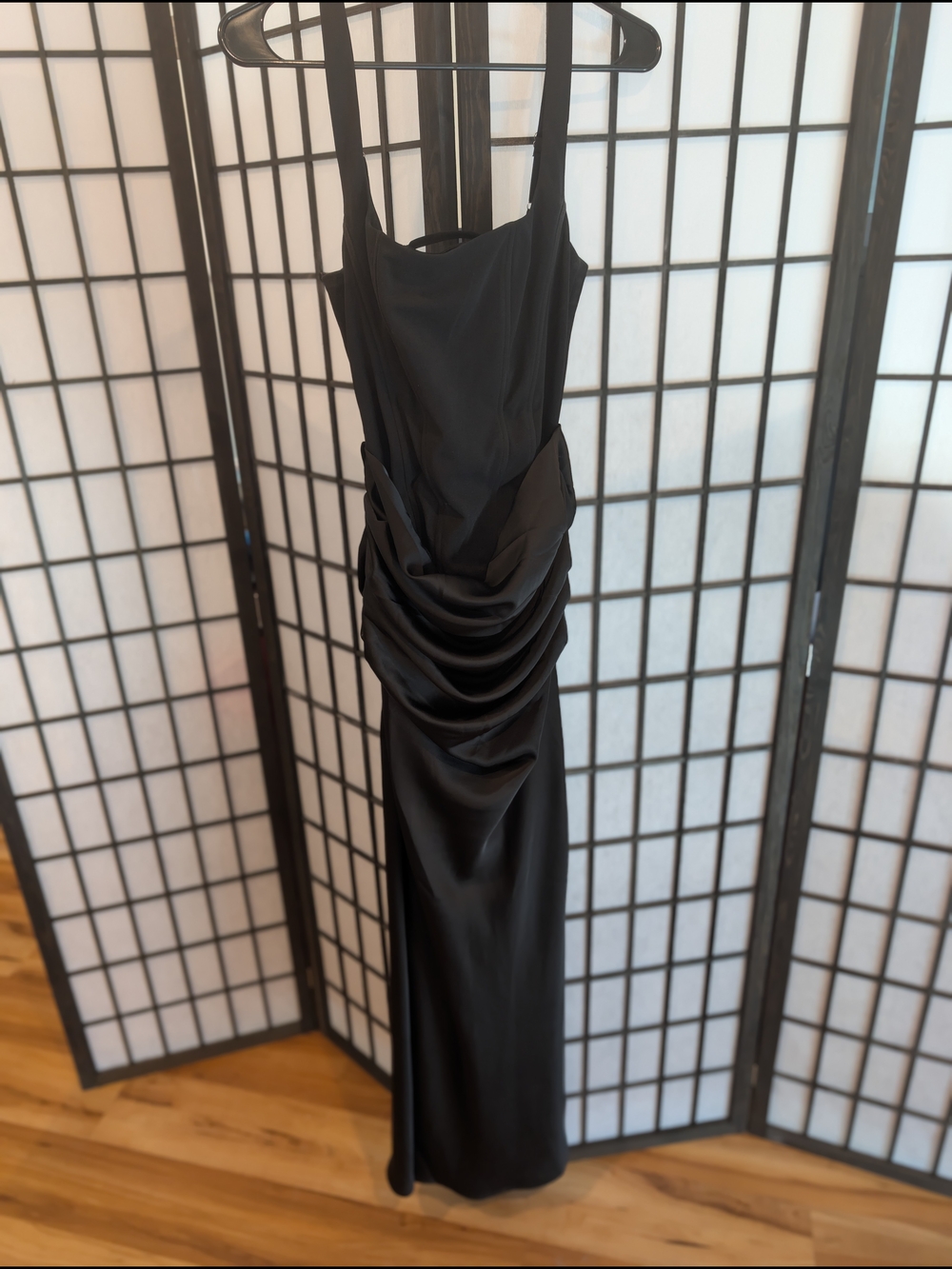Elegant Black Draped Evening Dress Size S